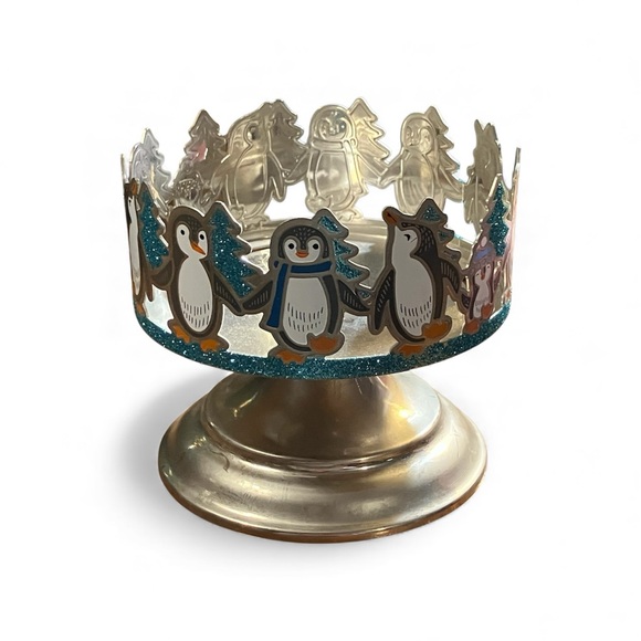 Bath & Body Works Dancing Penguins 3 Wick Candle Holder Pedestal Silver Tone - Picture 1 of 4
